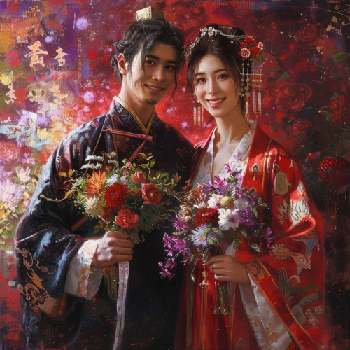 中国夫妻，结婚，美丽，女方手拿鲜花，大师级作品，