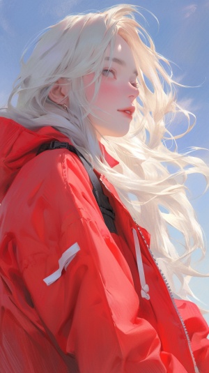 晴朗的蓝天白云下，一位身席红色上衣红色裙摆jk的少女，散着一头白色长发