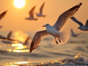 "大海之滨，日出时分，金色的阳光洒在波光粼粼的海面上，海鸥在空中翱翔，留下一串串清脆的叫声。"
