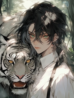 森林内，一头白色的老虎和一位穿着白色衬衫，头发是黑色的18岁男子