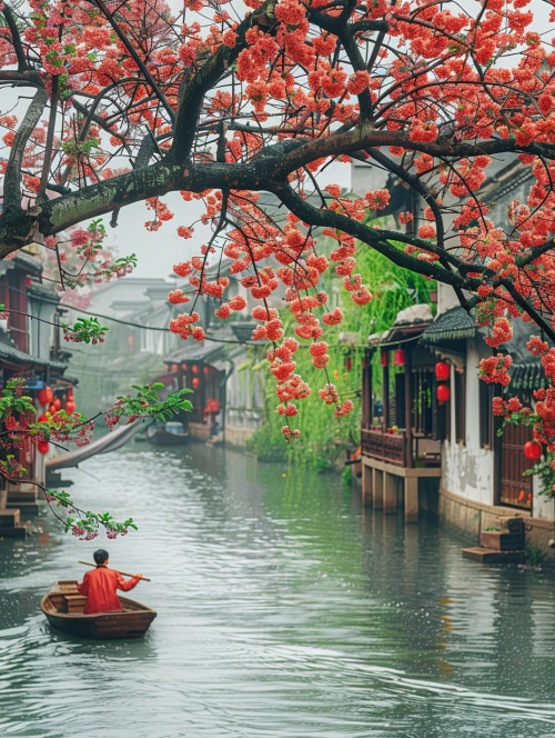 In the water town of Jiangnan, the ancient crabapple trees on the riverbank are full of colorful flowers. The houses in Jiangnan style allow people to walk along the riverbank in raincoats to work or go home. The boatman drove his small wooden boat along the flowing water. It's spring now, and the weather is rainy. Green plants and flowers have just emerged. You can also see traffic lights next to these houses. This photo was taken up close and has a high resolution, which is the style of traditional Ch