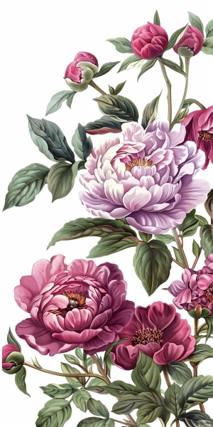 白底 粉紫色芍药玫瑰牡丹花丛 复古手绘插画