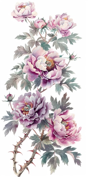 白底粉紫色芍药玫瑰牡丹花丛复古手绘插画