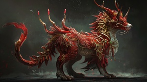 中国古代麒麟形象，火麒麟，身体巨大，四肢强壮### Qilin Beast - Fire and Earth Attributes - Image Design: The Qilin Beast is a creature with the body of a beast and the head of a dragon, standing on four massive ox hooves. Its head is adorned with a pair of large, blood-red antlers. The creature's body is a massive, dark red hue, its tough scales covered in mysterious ancient runes that shimmer with a bloody glow. Its blood-red Qilin horns shine like gemstones, radiating an ancient and powerful magic. The Qilin Beast has deep 