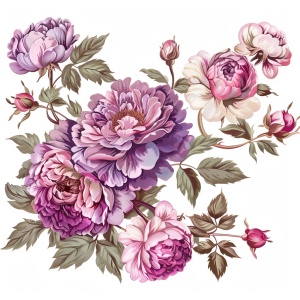 白底 粉紫色芍药玫瑰花丛 复古手绘插画