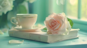 一本书，一只淡粉色玫瑰花放在书上，一杯拉花咖啡，高清，近景，背景是绿色、蓝色，护眼的。