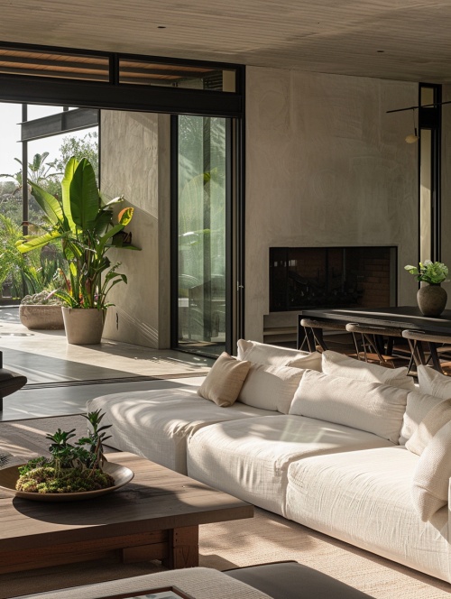 一张优雅简约风格的现代客厅的照片，以黑色为主调的白色沙发，装饰着植物的木制咖啡桌，可以看到户外用餐区和壁炉的大玻璃窗为特色，营造出充满自然光的明亮氛围。宽敞而舒适的空间通过干净的线条和中性的调色板散发出奢华。可触摸的地毯为光滑的混凝土地板增添了质感。