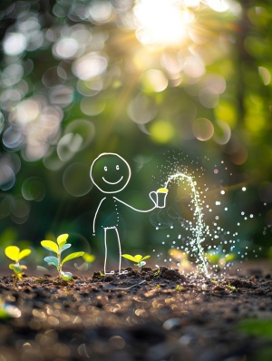 A white line art stick figure with a smile on his face,he was watering the seeds of his small plants(line art) in the ground,The background is a bokeh effect flower garden with burning green and white light dots,with sunlight penetrateing through the leaves,details,hyper realistic,uhd,make sure the visual impression is creative and attractive