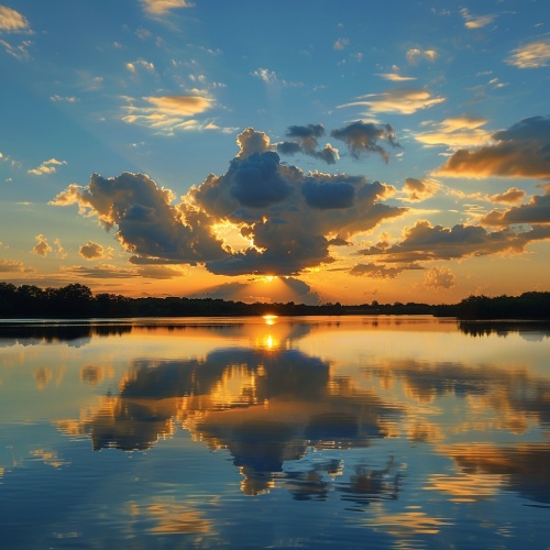 Golden tones render the whole picture, and the saturated afterglow of sunset glow illuminates the center of the sky. Clouds form a heart-shaped vacancy in the center of cumulus clouds, and the blue sky is revealed. The light and shadow of the sunset glow are also reflected on the lake, creating a beautiful scenery. The background is dominated by yellow-green clouds, which produces a refreshing visual effect. Meryl McMaster's artistic style has been displayed in his works, reaching the high-definition le