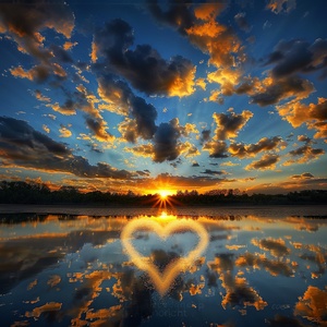 Golden tones render the whole picture, and the saturated afterglow of sunset glow illuminates the center of the sky. Clouds form a heart-shaped vacancy in the center of cumulus clouds, and the blue sky is revealed. The light and shadow of the sunset glow are also reflected on the lake, creating a beautiful scenery. The background is dominated by yellow-green clouds, which produces a refreshing visual effect. Meryl McMaster's artistic style has been displayed in his works, reaching the high-definition le