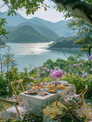 一幅风景如画的户外野餐场景,色彩柔和的花朵、俯瞰着四川省平芝湖的宁静水域和葱郁的绿色植物。湖边景色,草地上为两人设置好的桌子、椅子、桌布、花卉摆设,食物包括水果、小吃、茶杯,美丽的山脉在蓝天下清晰可见,阳光投射出柔和的影子,氛围宁静,自然景色田园诗般。高分辨率。逼真照片。