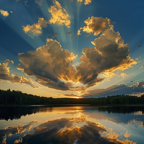 Golden tones render the whole picture, and the saturated afterglow of sunset glow illuminates the center of the sky. Clouds form a heart-shaped vacancy in the center of cumulus clouds, and the blue sky is revealed. The light and shadow of the sunset glow are also reflected on the lake, creating a beautiful scenery. The background is dominated by yellow-green clouds, which produces a refreshing visual effect. Meryl McMaster's artistic style has been displayed in his works, reaching the high-definition le