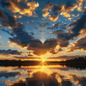 Golden tones render the whole picture, and the saturated afterglow of sunset glow illuminates the center of the sky. Clouds form a heart-shaped vacancy in the center of cumulus clouds, and the blue sky is revealed. The light and shadow of the sunset glow are also reflected on the lake, creating a beautiful scenery. The background is dominated by yellow-green clouds, which produces a refreshing visual effect. Meryl McMaster's artistic style has been displayed in his works, reaching the high-definition le