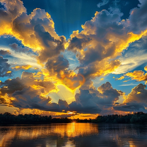 Golden tones render the whole picture, and the saturated afterglow of sunset glow illuminates the center of the sky. Clouds form a heart-shaped vacancy in the center of cumulus clouds, and the blue sky is revealed. The light and shadow of the sunset glow are also reflected on the lake, creating a beautiful scenery. The background is dominated by yellow-green clouds, which produces a refreshing visual effect. Meryl McMaster's artistic style has been displayed in his works, reaching the high-definition le