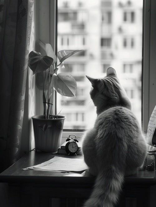 一只猫咪独自坐在沙发上望向窗外，窗外是大都市风格，猫咪的前面有一个小书桌上面摆着昙花、怀表、一封旧书信，电影情感表达，摄影风格