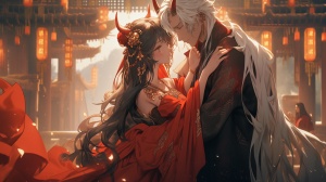 白发神明来自中国游戏《原神》,身着红色汉服,头上长着发光的角。亲吻一个穿红色汉服的漂亮女子，背景色调为深橙和暗金色,营造出一种充满紧张感的氛围。就像古代中国动漫风格中的一幕。