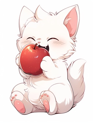 A cute chubby fluffy kitten with the style of Pixar,drunk,holding an apple in its arms.funny expression,,white background to highlight it.