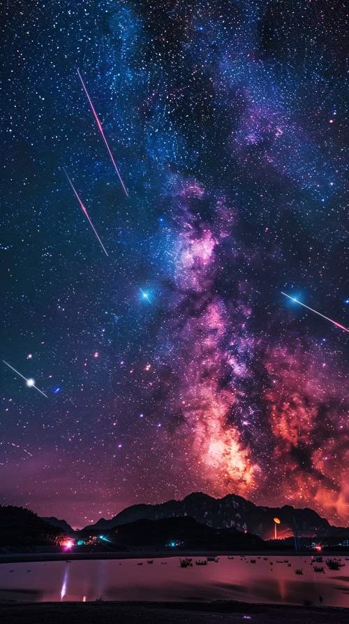 夜晚天空！, A breathtaking meteor shower illuminates the dark night sky, with countless shooting stars streaking across the horizon, creating trails of vibrant colors, wide-angle shot capturing the vastness of the celestial spectacle, realistic photographic style with a wide-angle lens