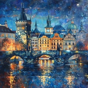 布拉格夜景,有河流和桥梁的城市景观,美丽的场景,真实照片,风格为pr💜e。