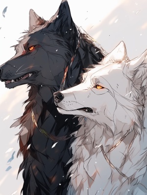 一白一黑两只狼背对背，黑狼严肃，白狼冷淡，信任彼此
