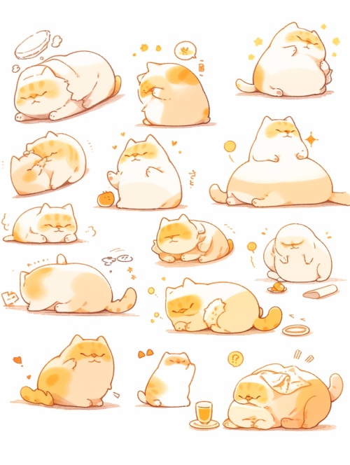黄色小奶猫，9种姿势和表情，趴着，睡觉，吃饭，飞奔等，线条艺术，贴纸艺术，白色背景，9宫图
