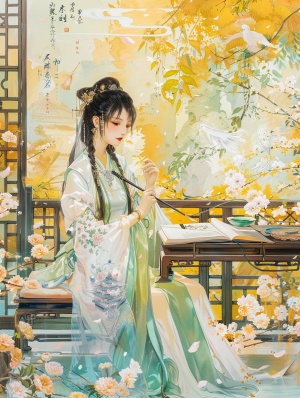 在宁静的庭院里,一位身着白绿色汉服的中国古代美女正坐在书桌前练习书法,周围鲜花盛开。这幅画面以色彩斑斓的幻想现实主义风格描绘,使用了亮黄色和浅蓝色调。这幅历史插画包含了详细的背景元素和精细的笔触,以及一个花园背景。