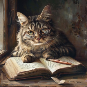 带着老花镜的猫咪看书学习。