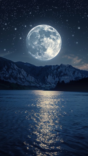 天空中星光闪烁，巨大无比的月亮，其倒影在河流之上，空旷的夜晚，远处是绵绵不断的山影，高分辨率的特写