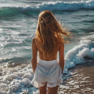 美少女穿着泳装，漫步沙滩，背对镜头特写，阳光明媚，深蓝海水，泛起波浪