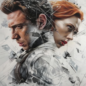 Double exposure, pure white background, the protagonist is Black Widow, as well as the Hulk, amazing depth, masterpiece, surreal, geometric patterns, intricate details, bokeh, perfect balance, deep fine borders, artistic realism, smooth, instant engineering A great masterpiece by the persoon in charge