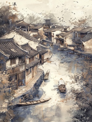 江南水乡古朴的绘画、水墨The quaint painting and ink painting of Jiangnan water town ar 3:4 v 5.2