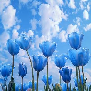 清晨，阳光轻柔，3－5支蓝色郁金香，仰拍实景，可以看见蓝天白云蓝色