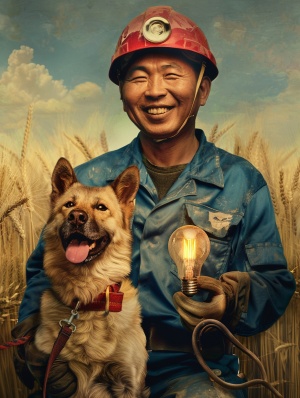 中国四十岁男人微笑穿电工服带红色安全帽