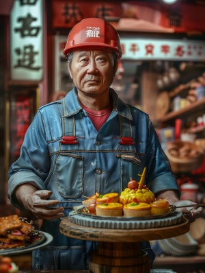 一个中国四十岁男人，半身像，带红色安全帽，穿蓝色电工服，精美的食品，美食，各种精美的蛋糕，柔和灯光，杰作，最佳质量，细节精细，超高分辨率，电影光效