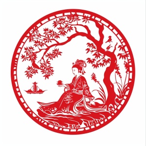 中国剪纸，传统文化，单层，矢量剪影（垃圾分类），镂空（垃圾分类），红色，无阴影，白色背景。