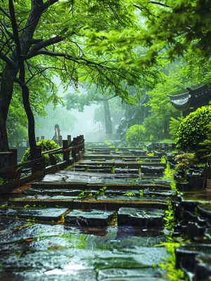 The river is surrounded by green trees, with many stones and wooden bridges over the water surface. The ground has puddles of rainwater on it, creating an atmosphere reminiscent of springtime. There's a person walking along one side of these stone steps. This scene creates a serene environment that adds to its overall beauty. in the style of China.