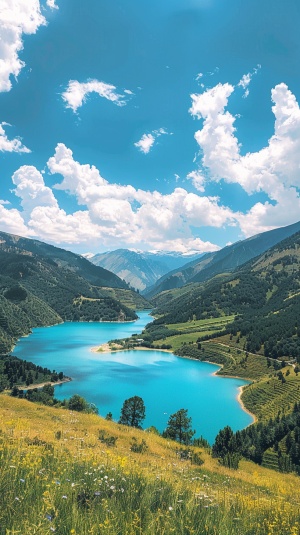 美丽的景色在山脉中的绿松石湖,两旁的绿草和树木,蓝天下白云,适合作为手机壁纸,采用高清摄影风格。
