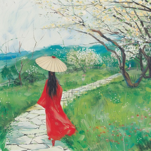 一身红衣女子，长发及腰，撑着油纸伞，在青石小路上，慢慢走着，周围尽是春天的气息