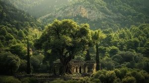 背靠绿树深山的一坐废弃古希腊宫殿，宫殿前方不远处有一颗巨大的古树，四周有茂密的树林环绕着