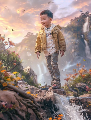 一个九岁中国男孩，中景，全身像全身像，休闲服，快乐的，蹦蹦跳跳，湖泊，瀑布，森林，鲜花，写实风格，最佳质量，杰作，细节精细，超高分辨率