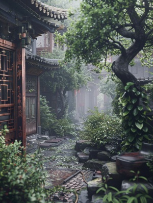一个小而狭窄的花园，在雾气弥漫的街道上，绿色的树木，在chinapunk的风格，照片逼真的风景，工笔，质朴的自然主义，照片逼真的技术，多山的景色，扭曲的树枝