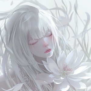 White lotus, with a transparent body wrapped around the long white hair of an anime girl with closed eyes and delicate facial features. The background is a light gray gradient, creating soft tones and ethereal effects. White petals dance in front of her face, emitting a dreamy glow. Soft lighting creates gentle shadows on the skin, adding to its ethereality. in the style of an anime artist