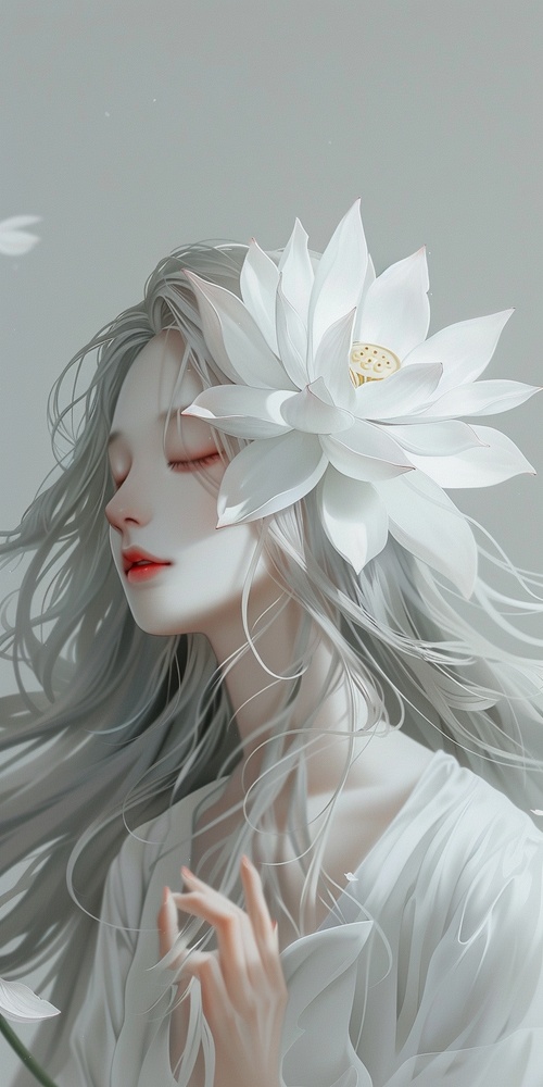 A white lotus flower, with flowing silver hair and closed eyes. The background is a light gray, creating an ethereal atmosphere. In the style of Qian Xuan's illustration art, it features a pure color scheme, anime aesthetics, soft lighting, and delicate lines