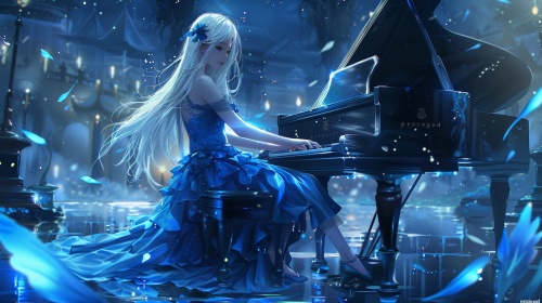 一位亚洲女孩,白头发蓝眼睛,身穿蓝色长裙坐在钢琴旁。从侧面看,她置身于幻想风格的《原神》游戏背景中。这件艺术作品站上的杰作具有闪亮、光滑的裙子和高跟鞋。她以动态的姿势坐着,周围有蓝色的灯光和聚光灯,超详细的渲染。