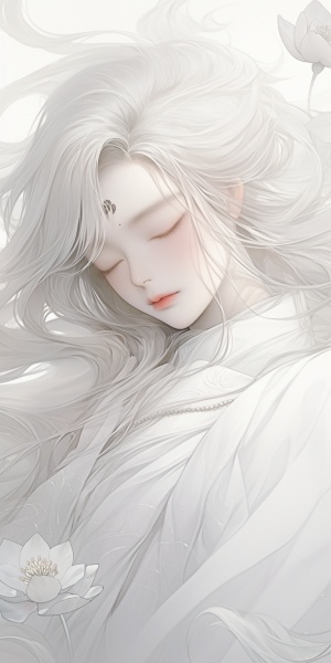 White lotus, a translucent veil of white hair floating in the air, closed eyes, a Chinese girl with long flowing silver-white wavy bangs on her head, her white and transparent body wrapped around it like mist. The background is a simple gray gradient, with an ethereal illustration style that exudes lightness. Soft tones, exquisite details, delicate lines, a white main tone, mysterious emotions, in the style of Chinese artist