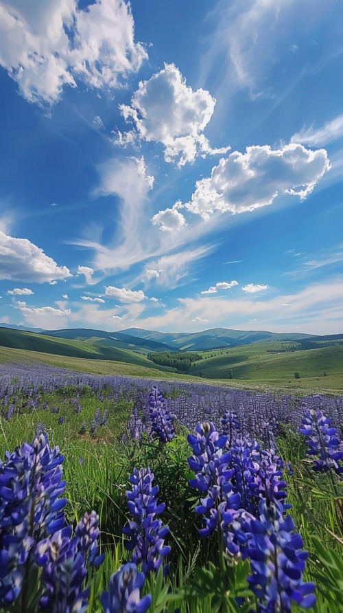蓝天白云 草原 紫色的小花铺满草原