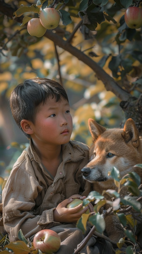 一只中华田园犬，悲伤的表情，想像着它和小男孩在苹果园里玩闹的场景，