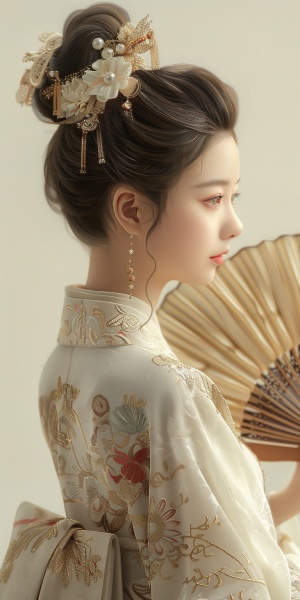 fair-skinned Chinese beauty, traditional Hanfu, elaborate high bun, profile view, holding a folding fan