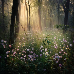 清晨，光打在森林里，清幽，梦幻。倍感轻松，高清摄影，野花