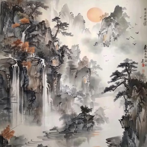 请模仿根据隋唐时期风格特点，创作一幅气韵生动的山水画
